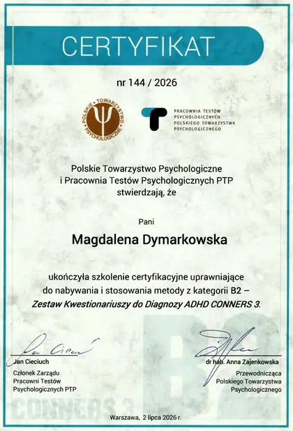 Certyfikat Conners 3 kategoria B2, Magdalena Dymarkowska