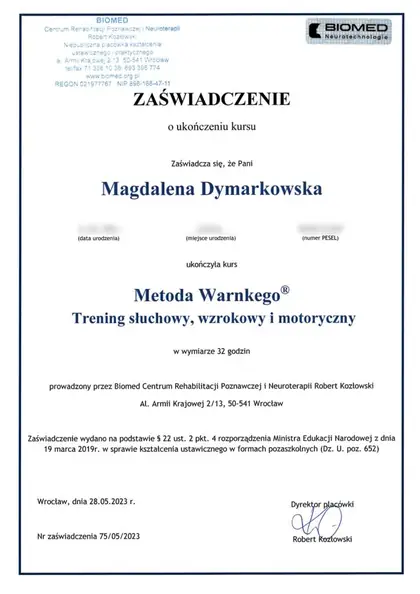 Zaświadczenie ukończenia kursu Metoda Warnkego, Magdalena Dymarkowska